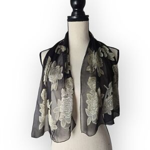Vintage Basha Black Chiffon Silver Rose Print Scarf